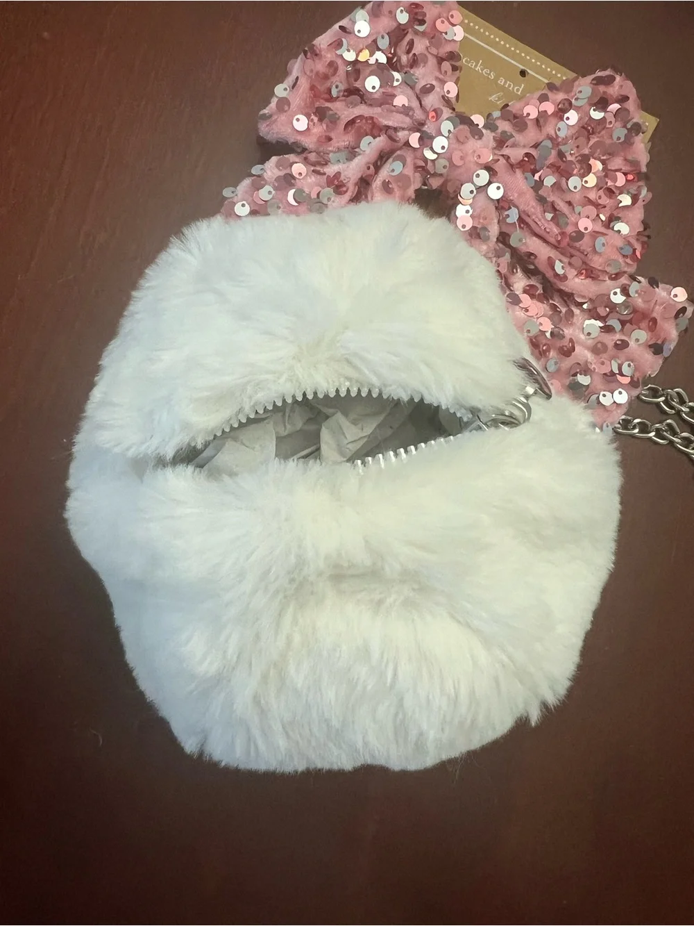 cupcakes & cashmere Pink Sequin Bow Hair Clip with Cream Plush Snowball Bag